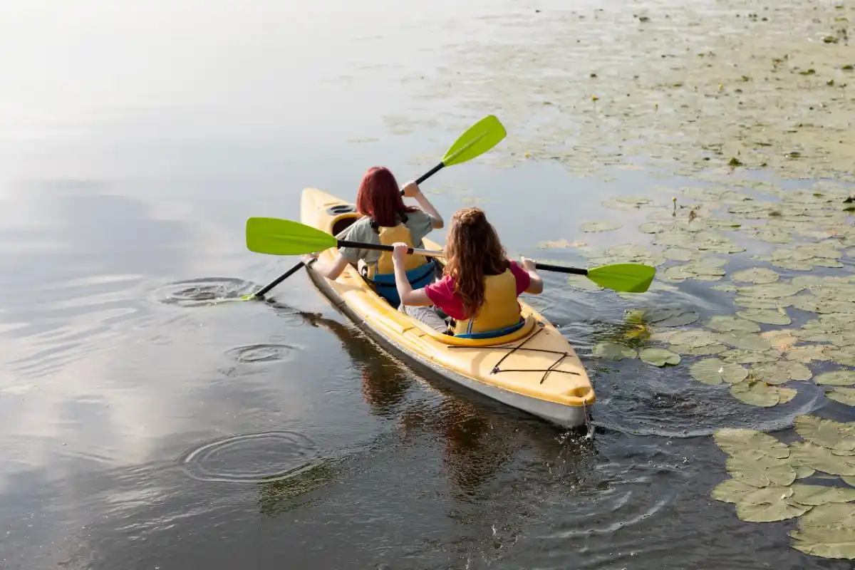 Two people kayaking in calm backwaters near Kochi, showcasing the best kayaking spot near Kochi with scenic natural surroundings
